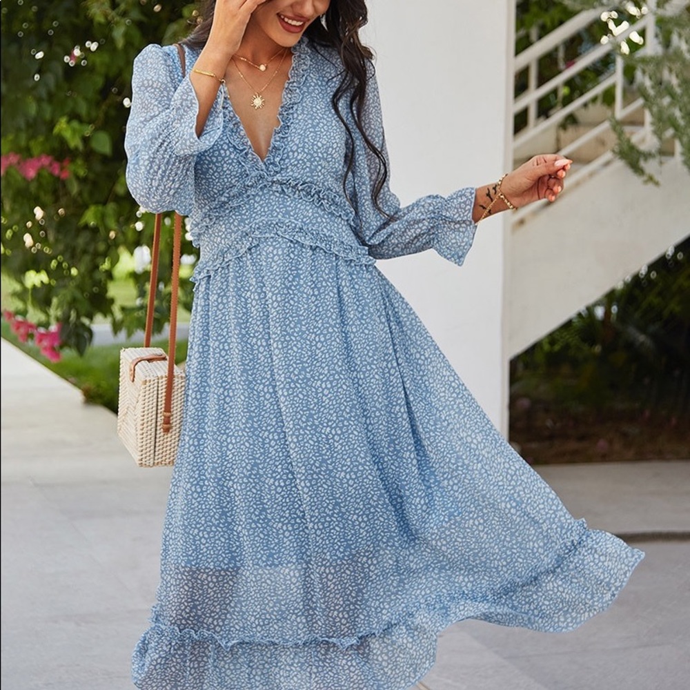 🆕Boho Floral Print Wavy Detailed Dress Lake Blue - Picture 3 of 7